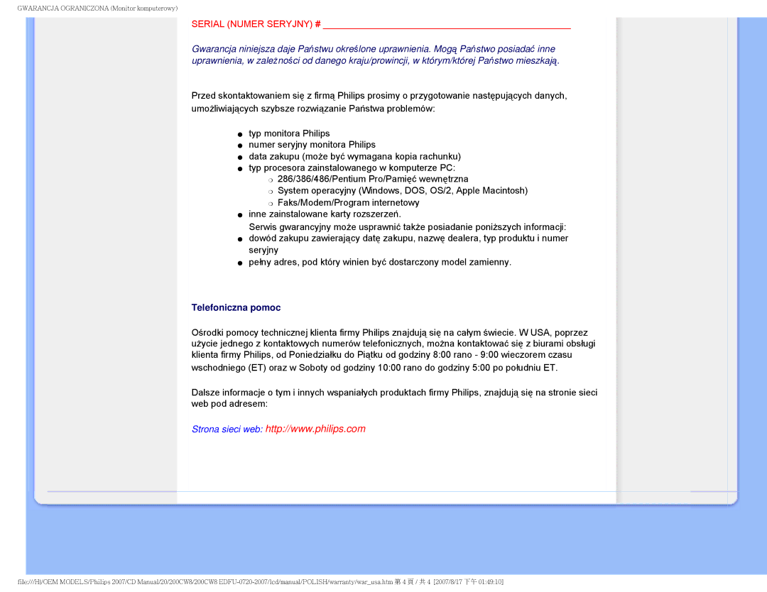 Philips 200CW8 user manual Telefoniczna pomoc 