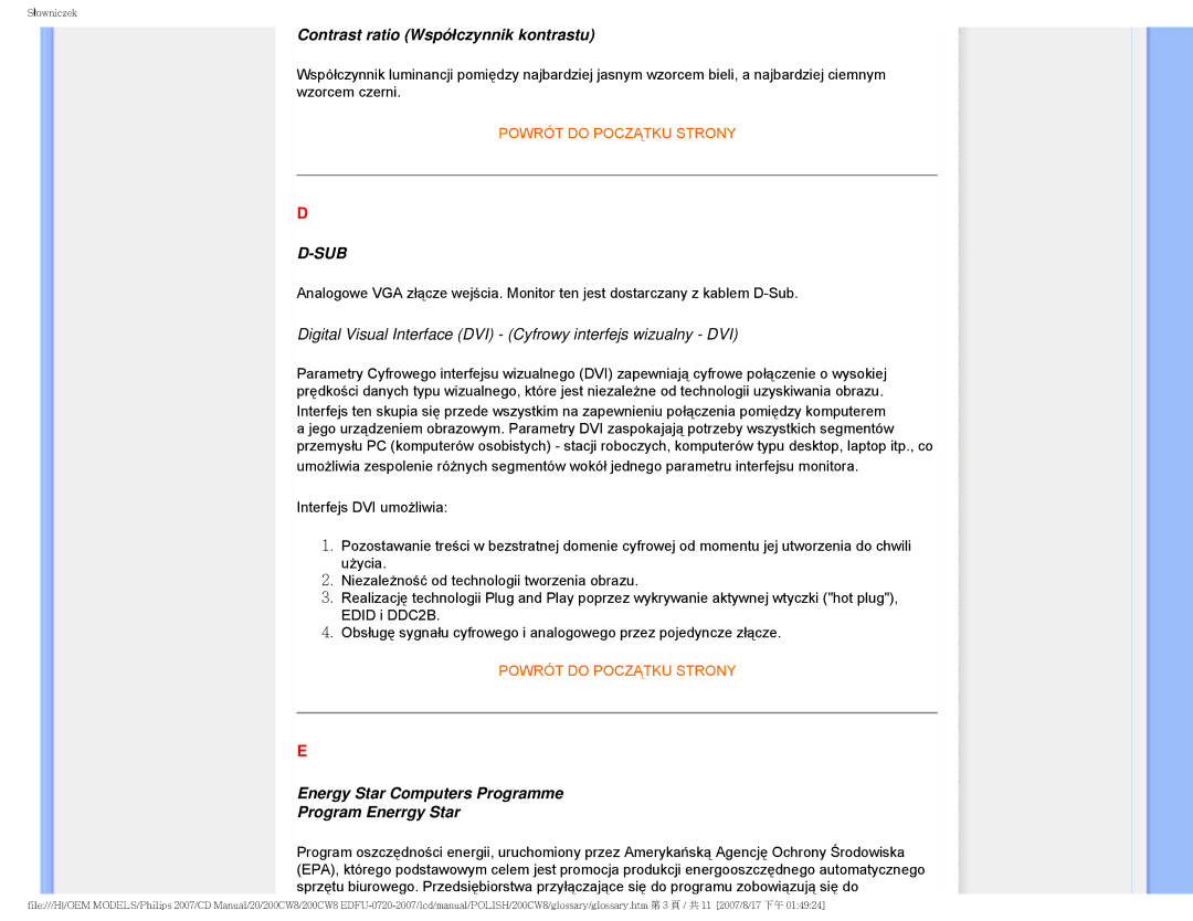 Philips 200CW8 user manual Contrast ratio Współczynnik kontrastu, Energy Star Computers Programme Program Enerrgy Star 