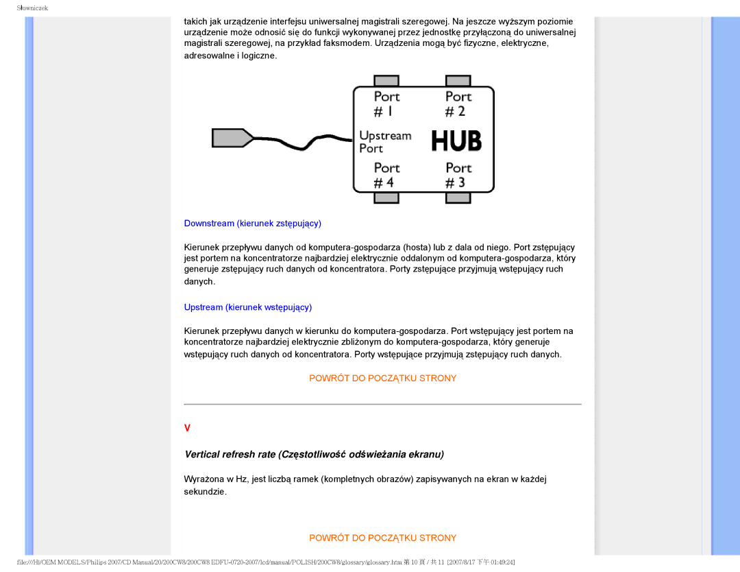 Philips 200CW8 user manual Vertical refresh rate Częstotliwość odświeżania ekranu, Downstream kierunek zstępujący 