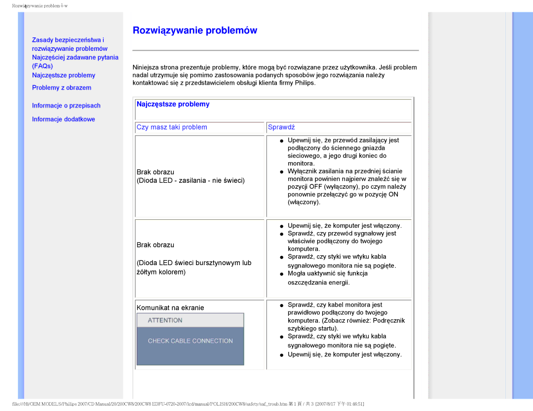 Philips 200CW8 user manual Rozwiązywanie problemów, Najczęstsze problemy 