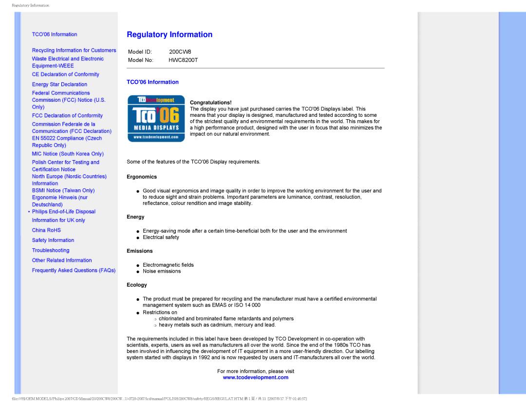 Philips 200CW8 user manual Regulatory Information, TCO06 Information 