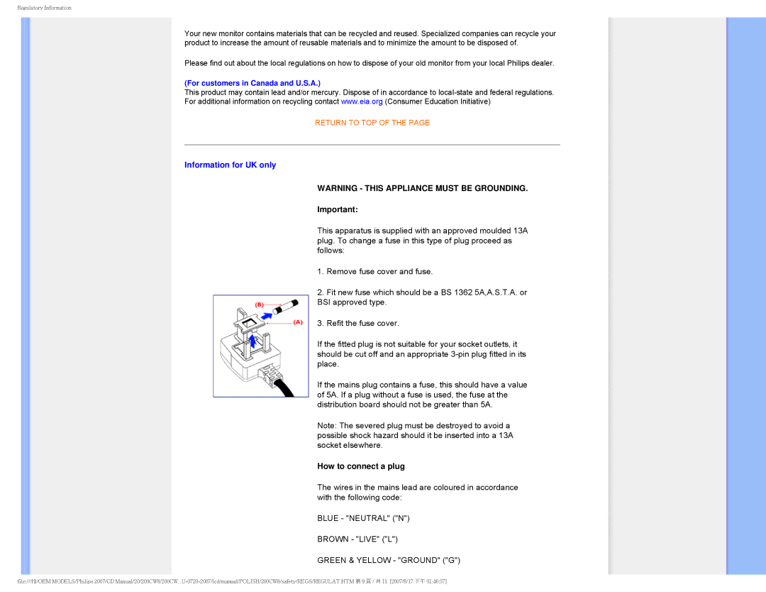 Philips 200CW8 user manual Information for UK only, For customers in Canada and U.S.A 