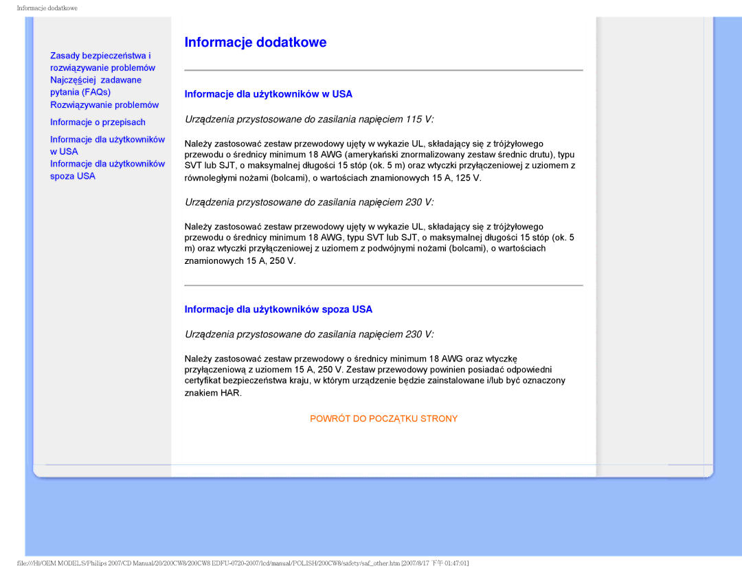 Philips 200CW8 user manual Informacje dodatkowe, Informacje dla użytkowników w USA, Informacje dla użytkowników spoza USA 