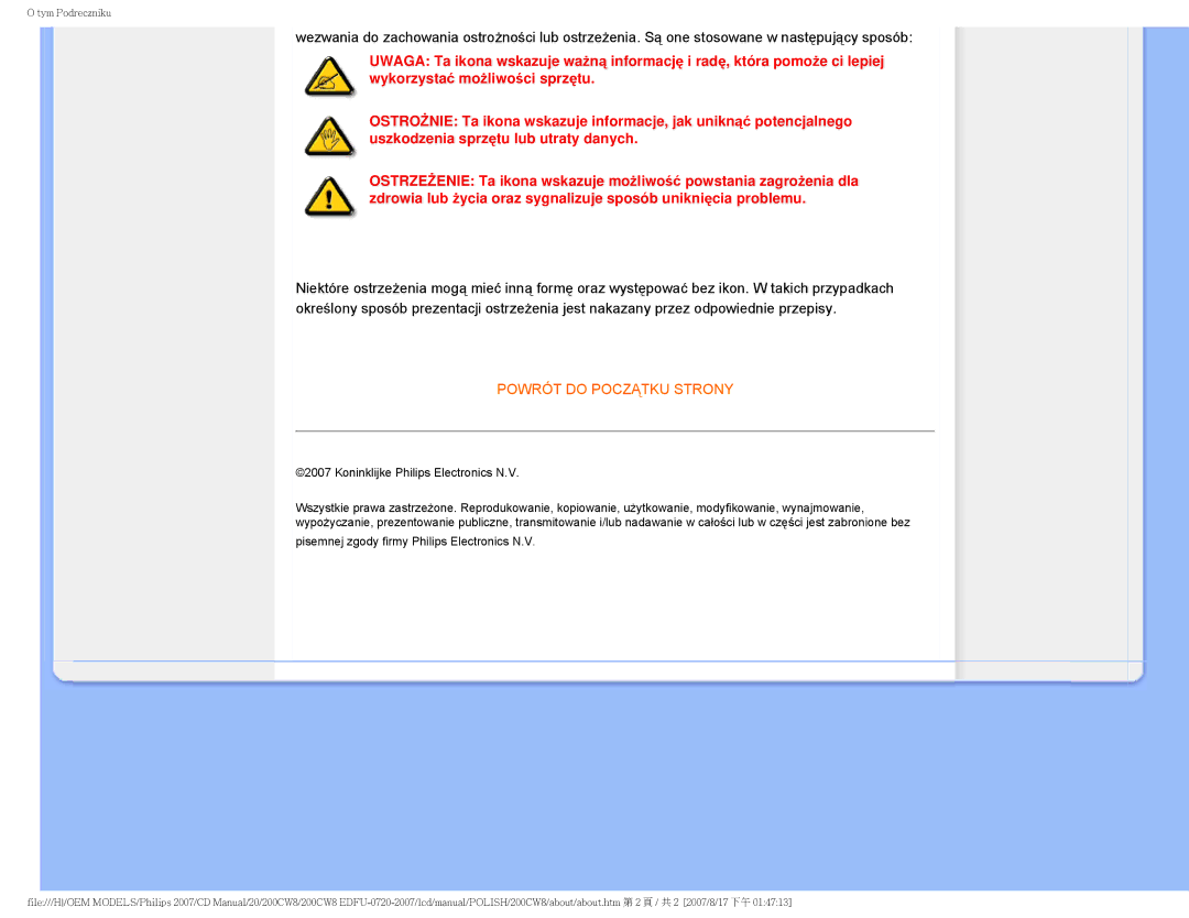 Philips 200CW8 user manual Powrót do Początku Strony 