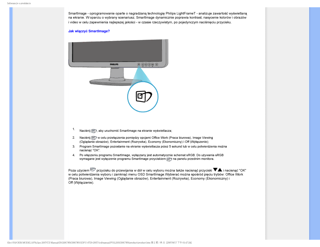 Philips 200CW8 user manual Jak włączyć SmartImage? 