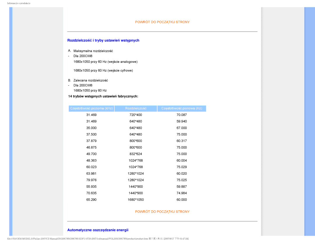 Philips 200CW8 user manual Rozdzielczość i tryby ustawień wstępnych, Automatyczne oszczędzanie energii 