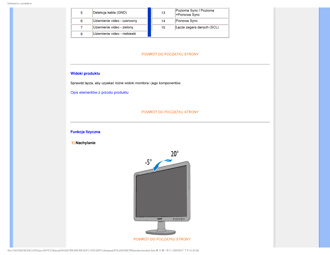 Philips 200CW8 user manual Widoki produktu, Funkcja fizyczna 