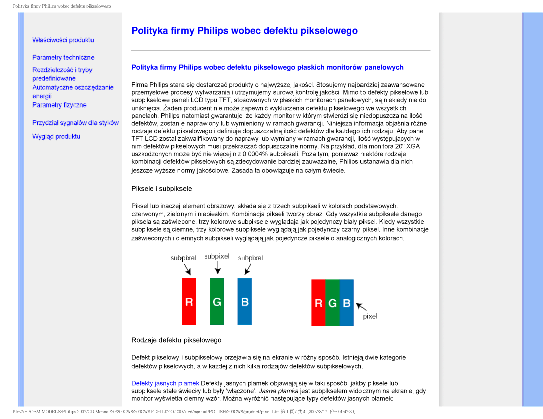 Philips 200CW8 user manual Polityka firmy Philips wobec defektu pikselowego, Piksele i subpiksele 