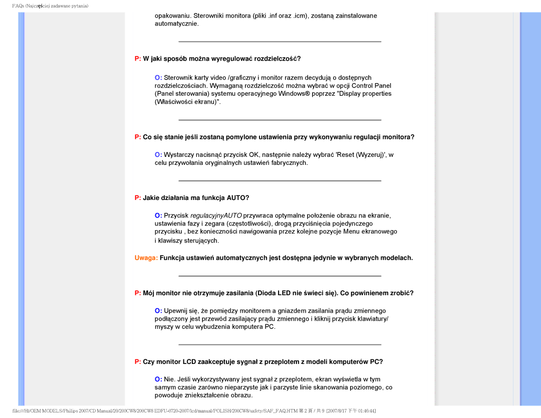 Philips 200CW8 user manual Jaki sposób można wyregulować rozdzielczość?, Jakie działania ma funkcja AUTO? 