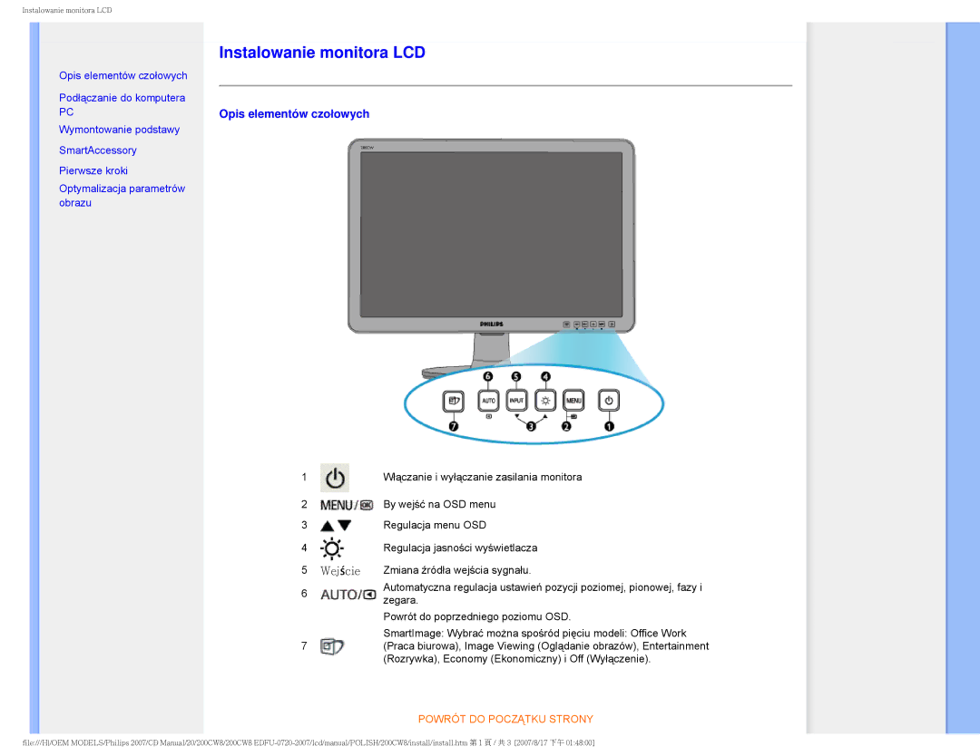 Philips 200CW8 user manual Instalowanie monitora LCD, Opis elementów czołowych 