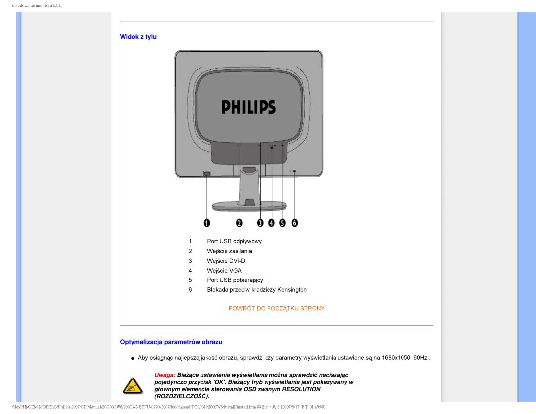 Philips 200CW8 user manual Widok z tyłu, Optymalizacja parametrów obrazu 