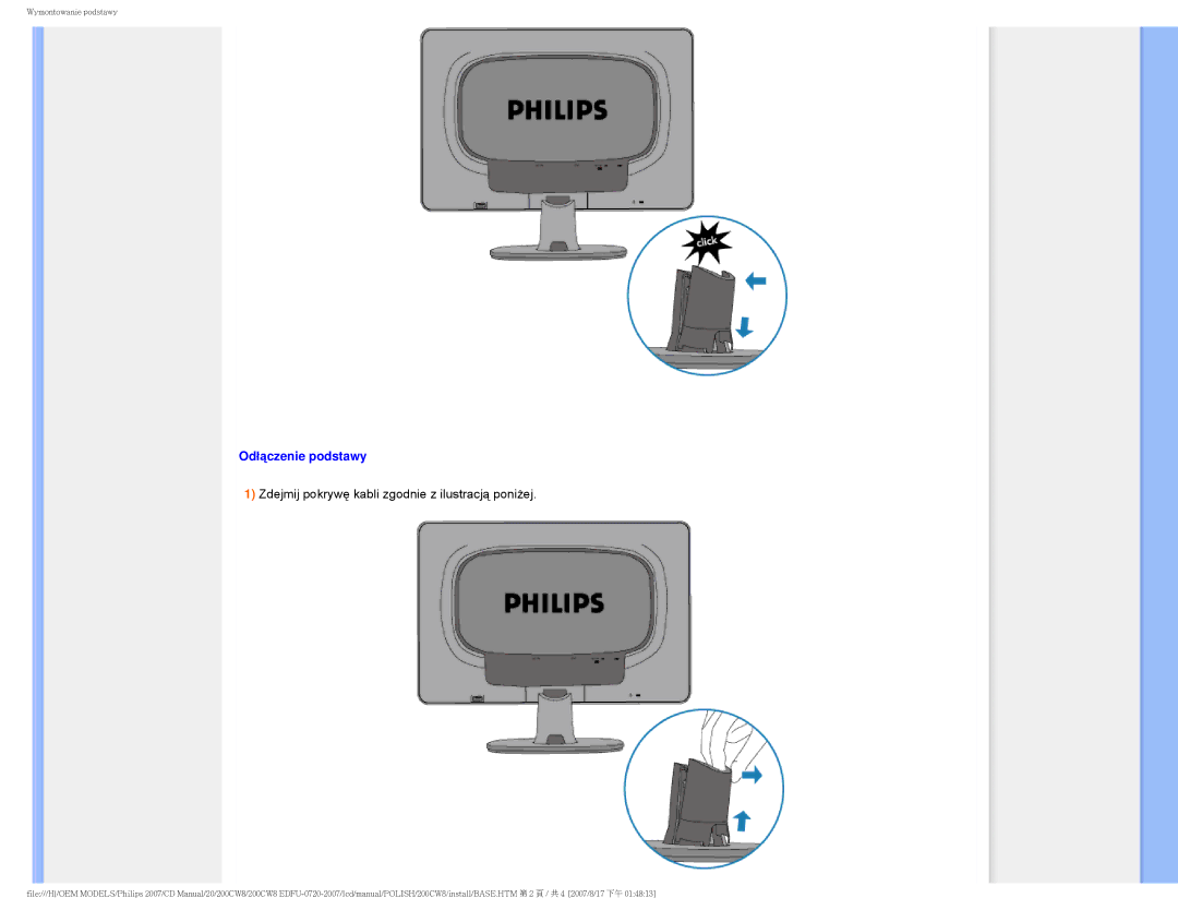 Philips 200CW8 user manual Odłączenie podstawy, Zdejmij pokrywę kabli zgodnie z ilustracją poniżej 