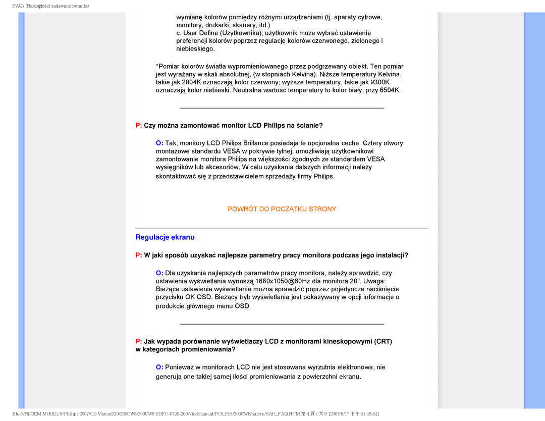 Philips 200CW8 user manual Regulacje ekranu, Czy można zamontować monitor LCD Philips na ścianie? 