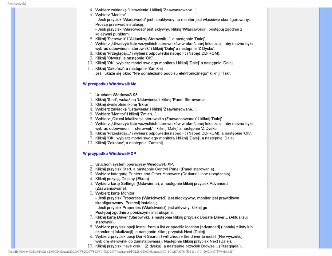 Philips 200CW8 user manual Przypadku Windows Me 