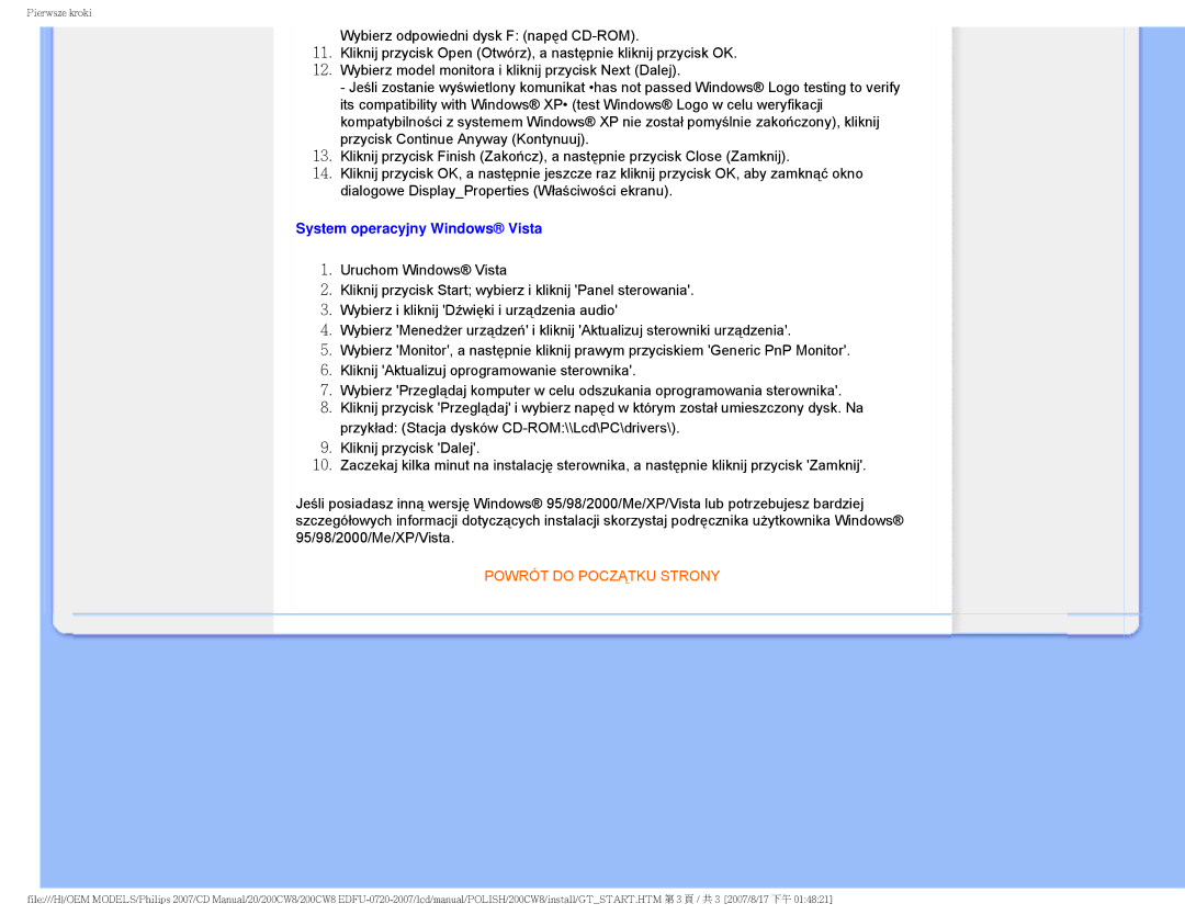 Philips 200CW8 user manual System operacyjny Windows Vista 