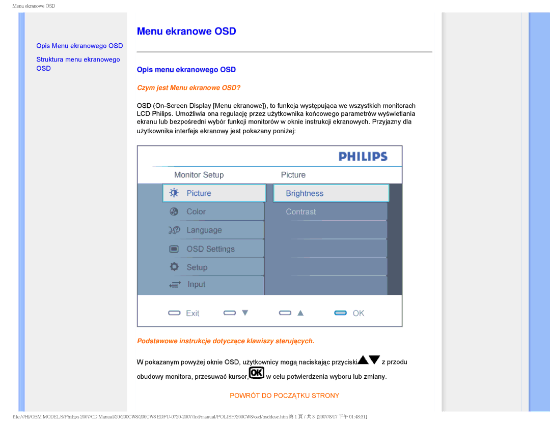 Philips 200CW8 user manual Menu ekranowe OSD, Opis menu ekranowego OSD 