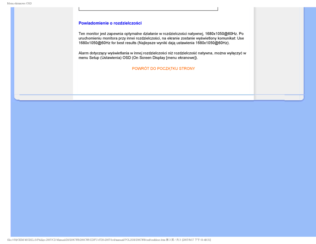 Philips 200CW8 user manual Powiadomienie o rozdzielczości 