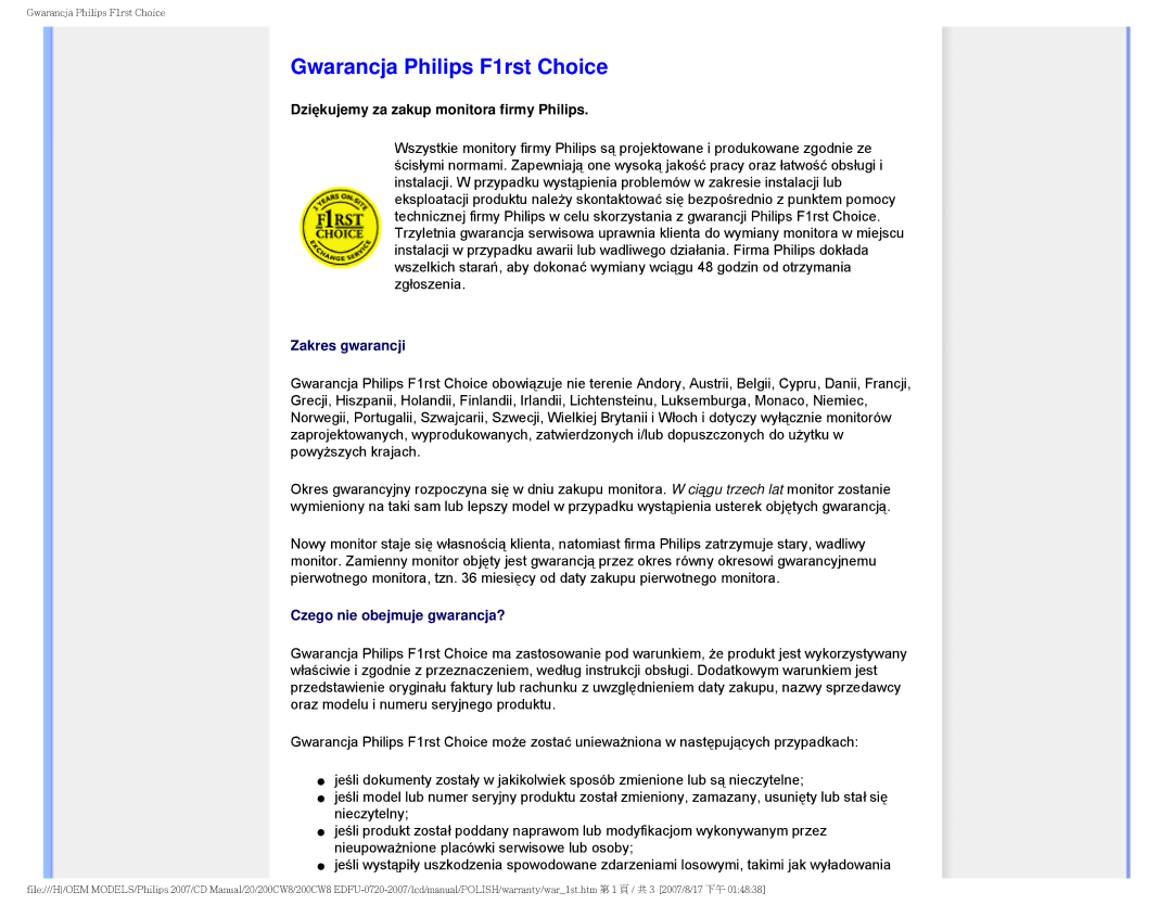 Philips 200CW8 user manual Gwarancja Philips F1rst Choice, Dziękujemy za zakup monitora firmy Philips 