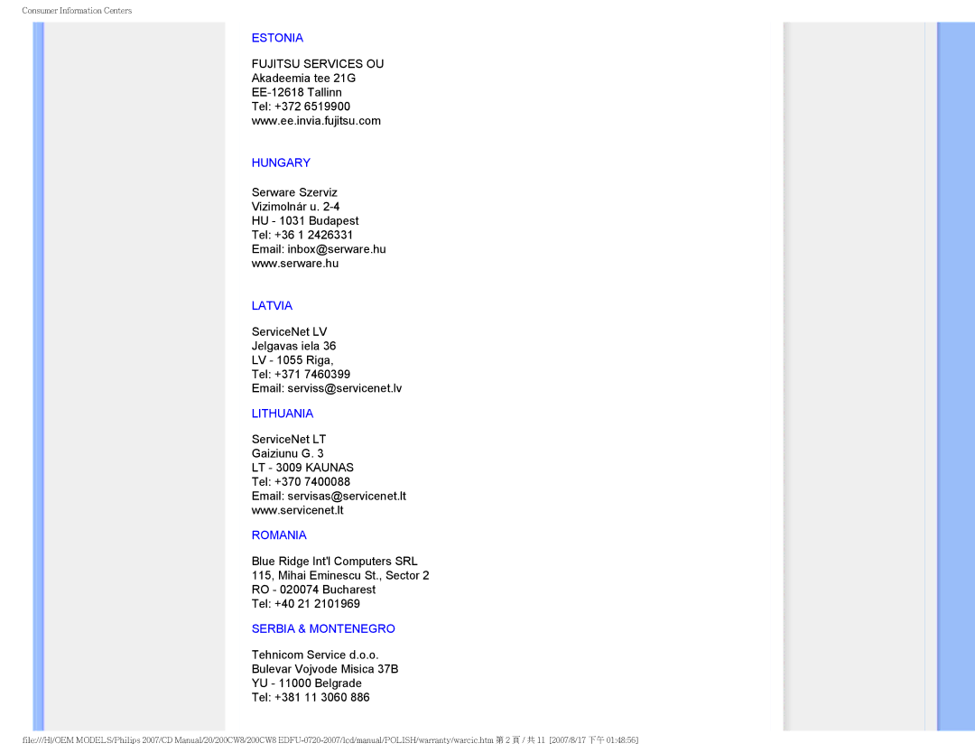 Philips 200CW8 user manual Estonia, Hungary, Latvia, Lithuania, Romania, Serbia & Montenegro 