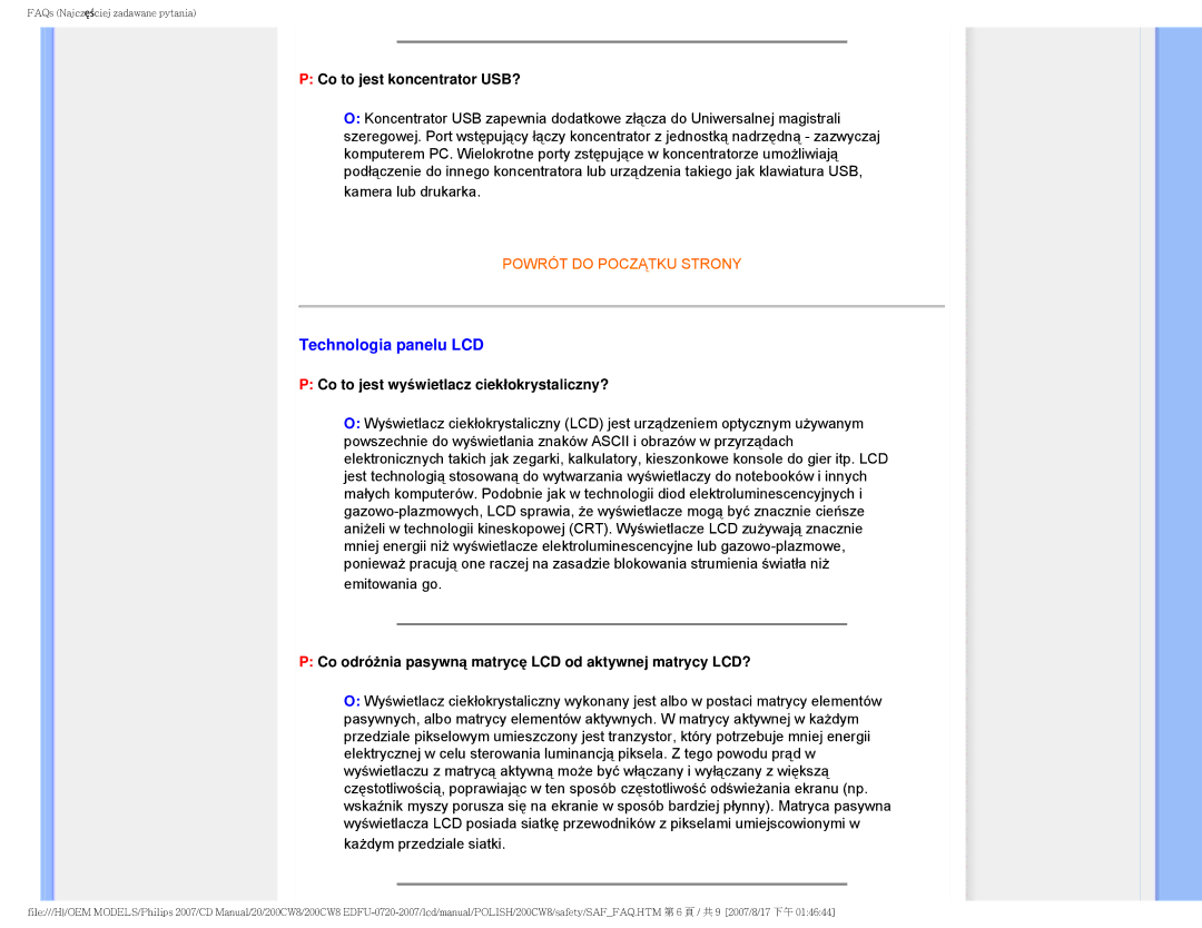 Philips 200CW8 user manual Technologia panelu LCD, Co to jest koncentrator USB?, Co to jest wyświetlacz ciekłokrystaliczny? 