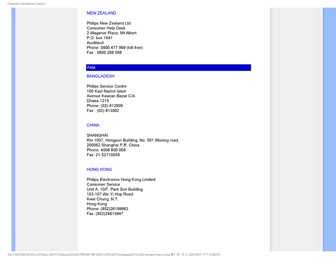 Philips 200CW8 user manual NEW Zealand, Bangladesh, China, Hong Kong 