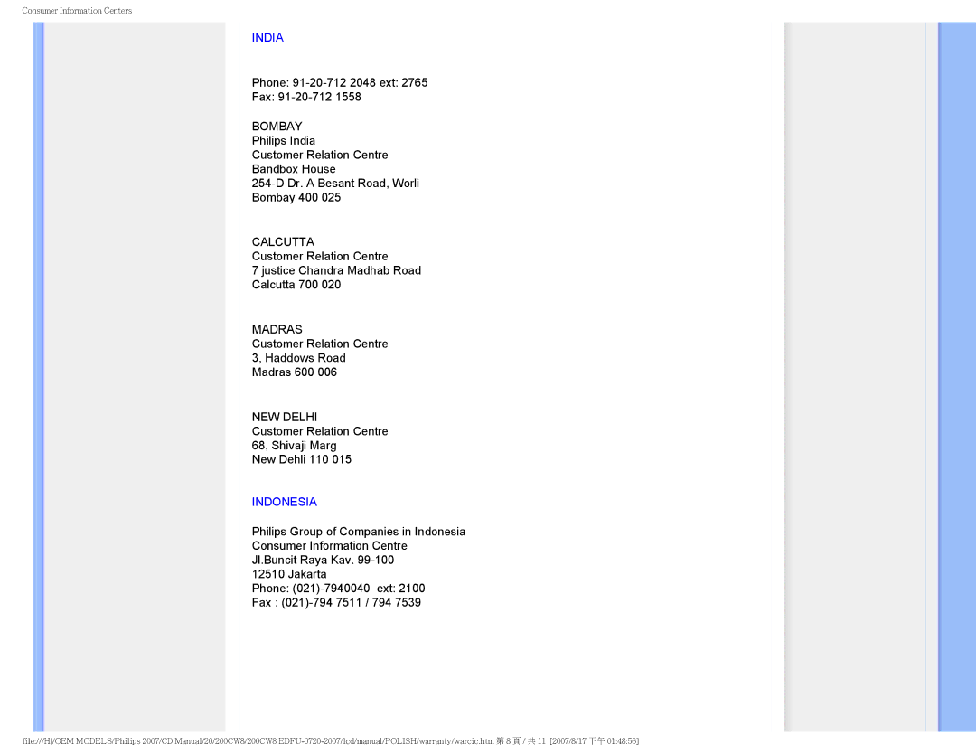 Philips 200CW8 user manual India, Indonesia 