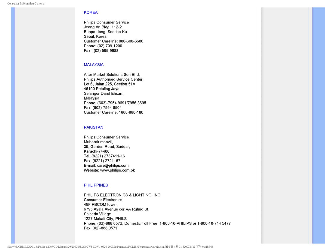 Philips 200CW8 user manual Korea, Malaysia, Pakistan, Philippines 