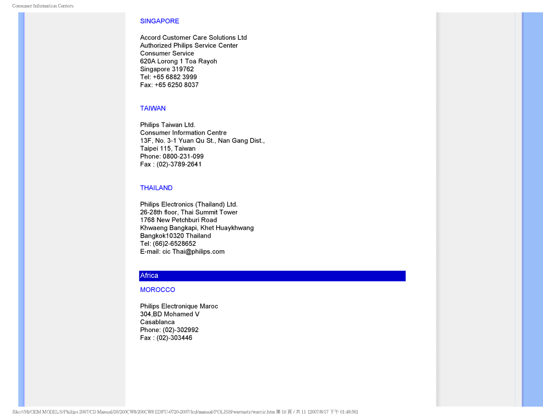 Philips 200CW8 user manual Singapore, Taiwan, Thailand, Morocco 
