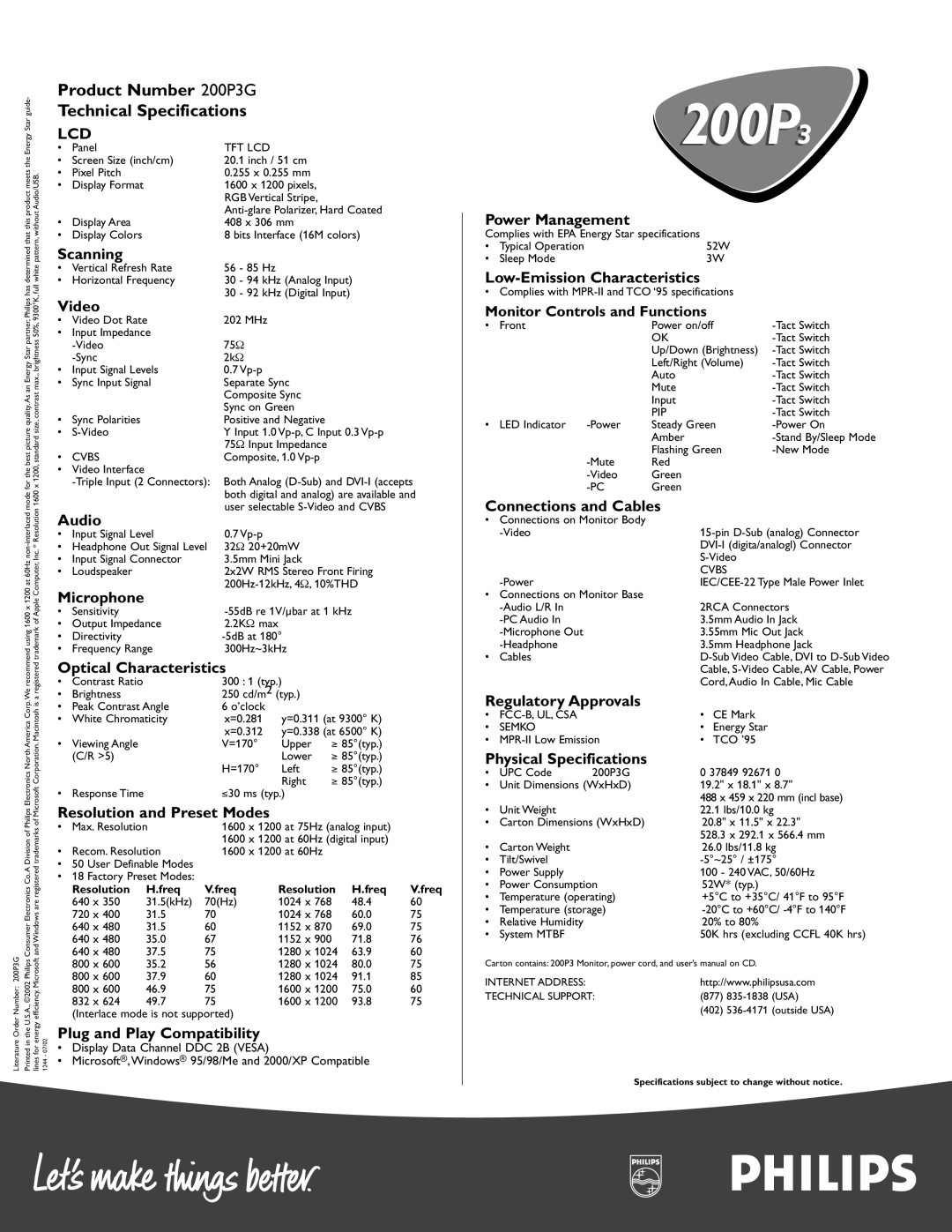 Philips 200P3 Scanning, Video, Power Management, Low-Emission Characteristics, Monitor Controls and Functions, Audio 