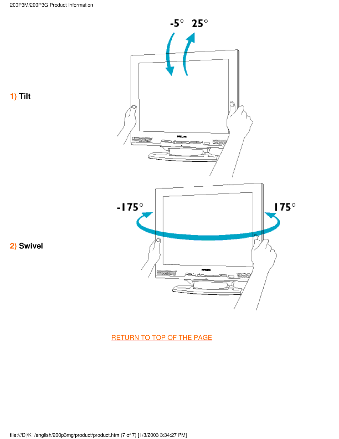 Philips 200P3M user manual Tilt Swivel 