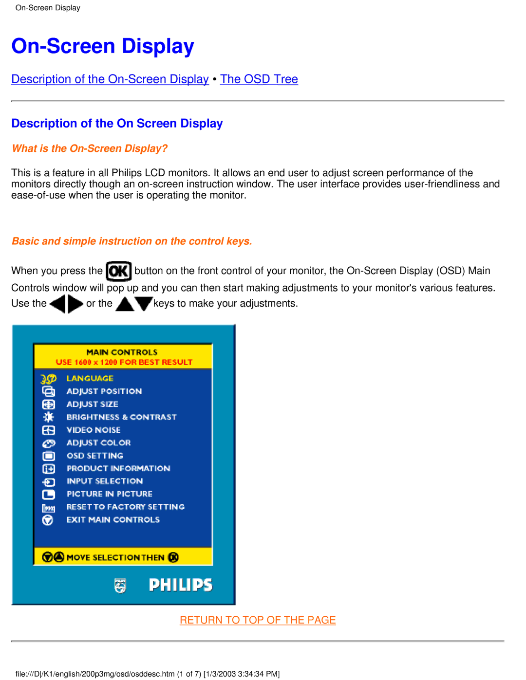 Philips 200P3M user manual On-Screen Display, Description of the On Screen Display 