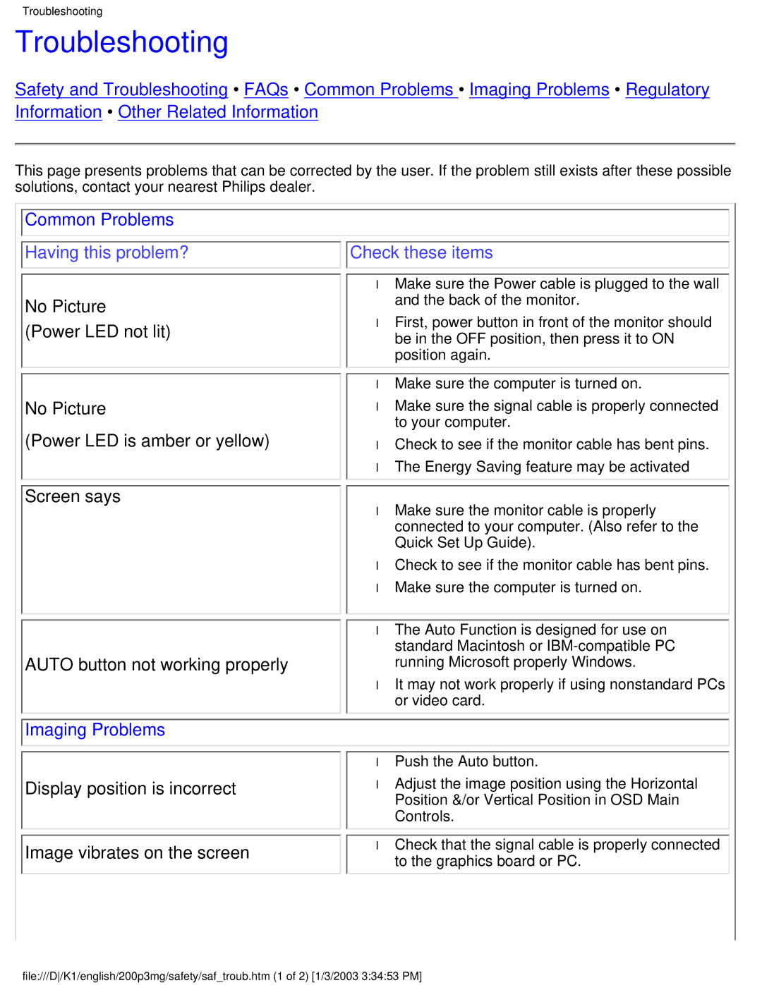 Philips 200P3M user manual Troubleshooting, Common Problems, Imaging Problems 