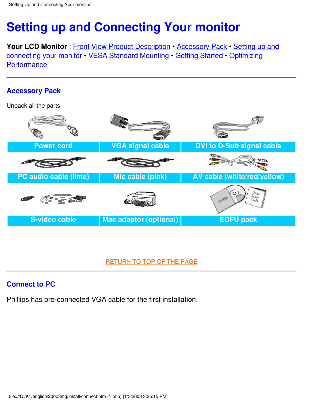 Philips 200P3M user manual Setting up and Connecting Your monitor, Accessory Pack, Connect to PC 