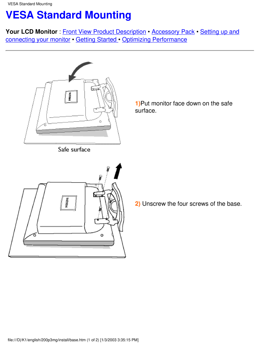 Philips 200P3M user manual Vesa Standard Mounting 