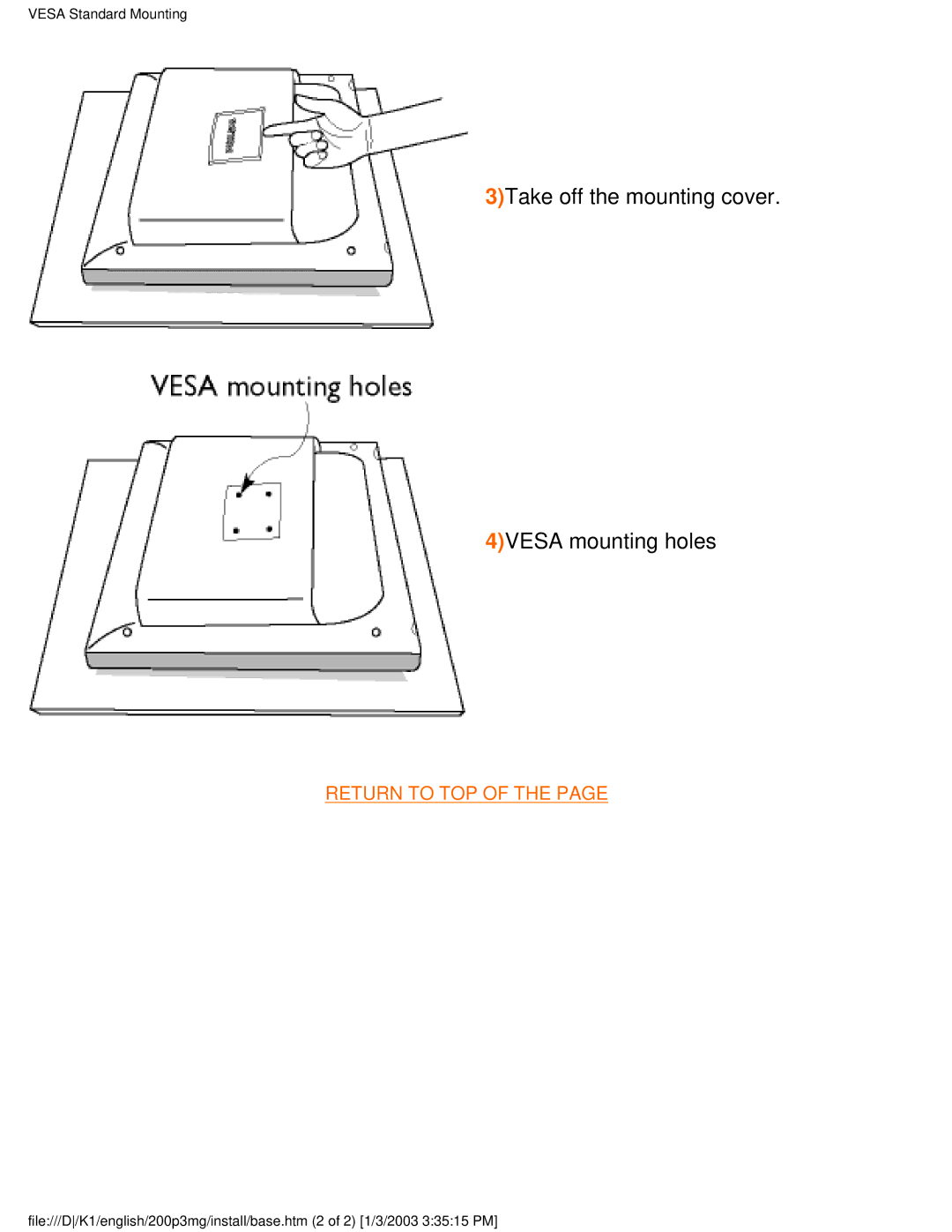 Philips 200P3M user manual 3Take off the mounting cover 4VESA mounting holes 