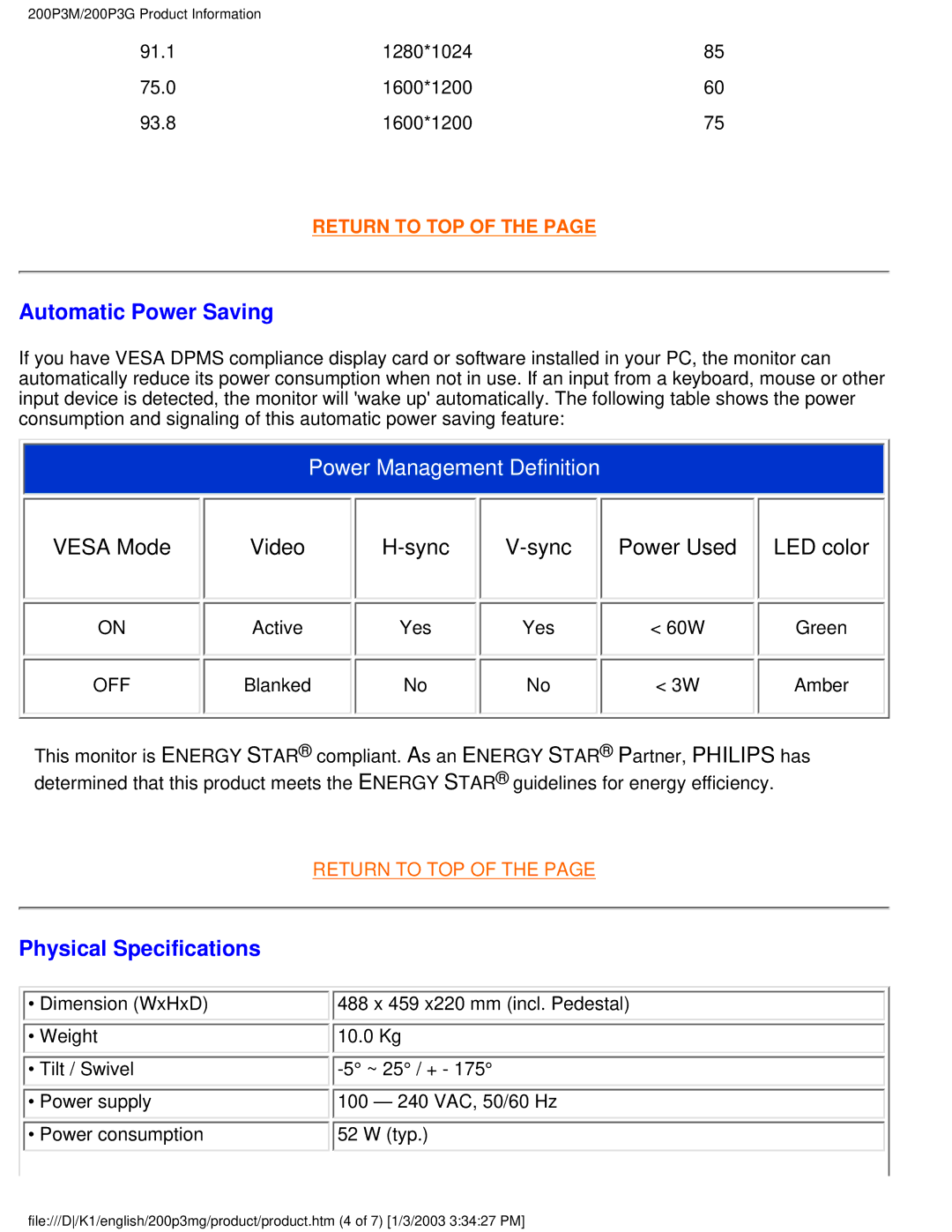 Philips 200P3M user manual Automatic Power Saving, Sync, Power Used, Physical Specifications 