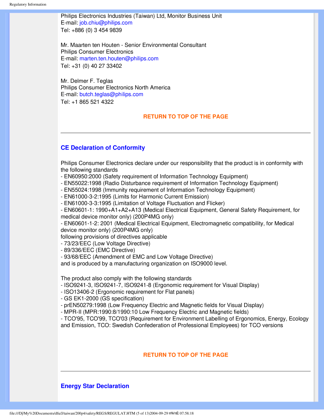 Philips 200S4, 200P4 user manual CE Declaration of Conformity, Energy Star Declaration 