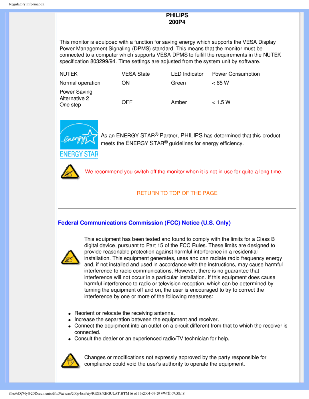 Philips 200P4, 200S4 user manual Philips, Federal Communications Commission FCC Notice U.S. Only 