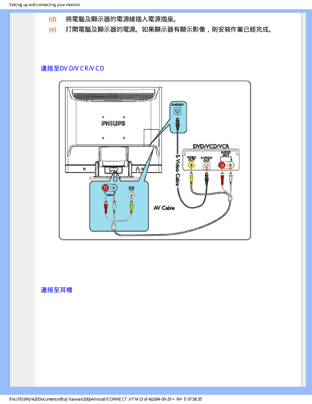 Philips 200P4, 200S4 user manual 將電腦及顯示器的電源線插入電源插座。 打開電腦及顯示器的電源。如果顯示器有顯示影像，則安裝作業已經完成。, 連接至dvd/Vcr/Vcd 連接至耳機 