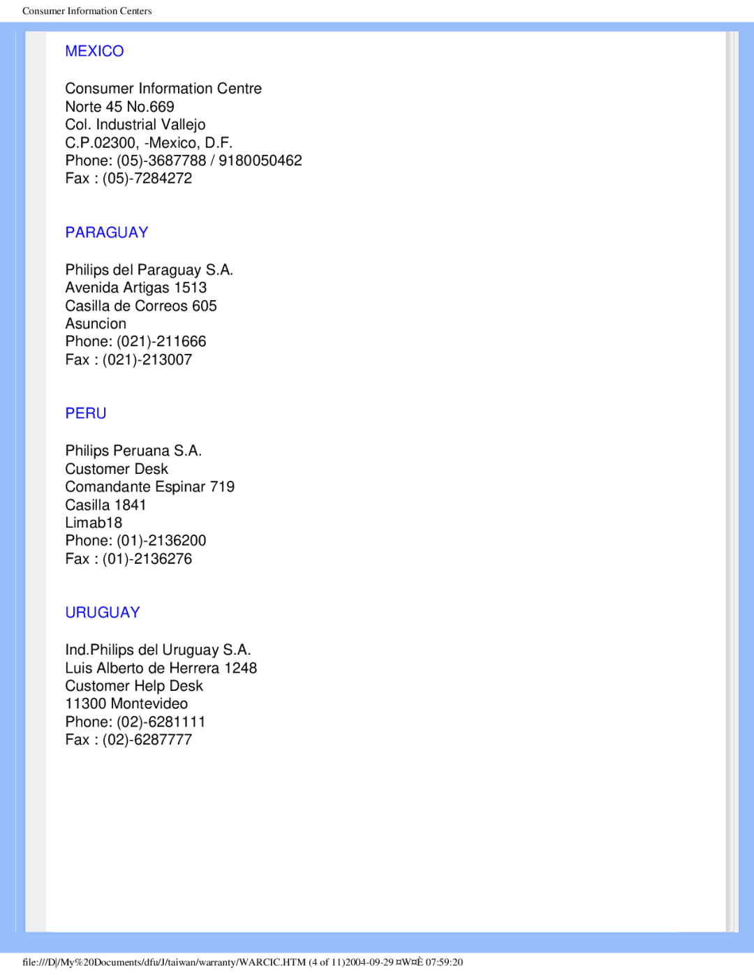 Philips 200S4, 200P4 user manual Mexico, Paraguay, Peru, Uruguay 