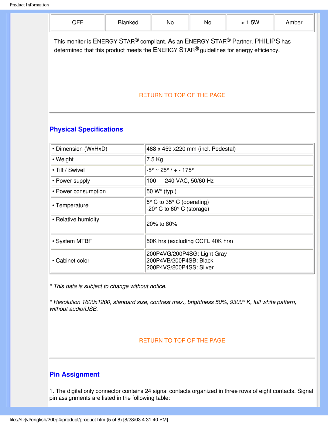 Philips 200P4 user manual Physical Specifications 