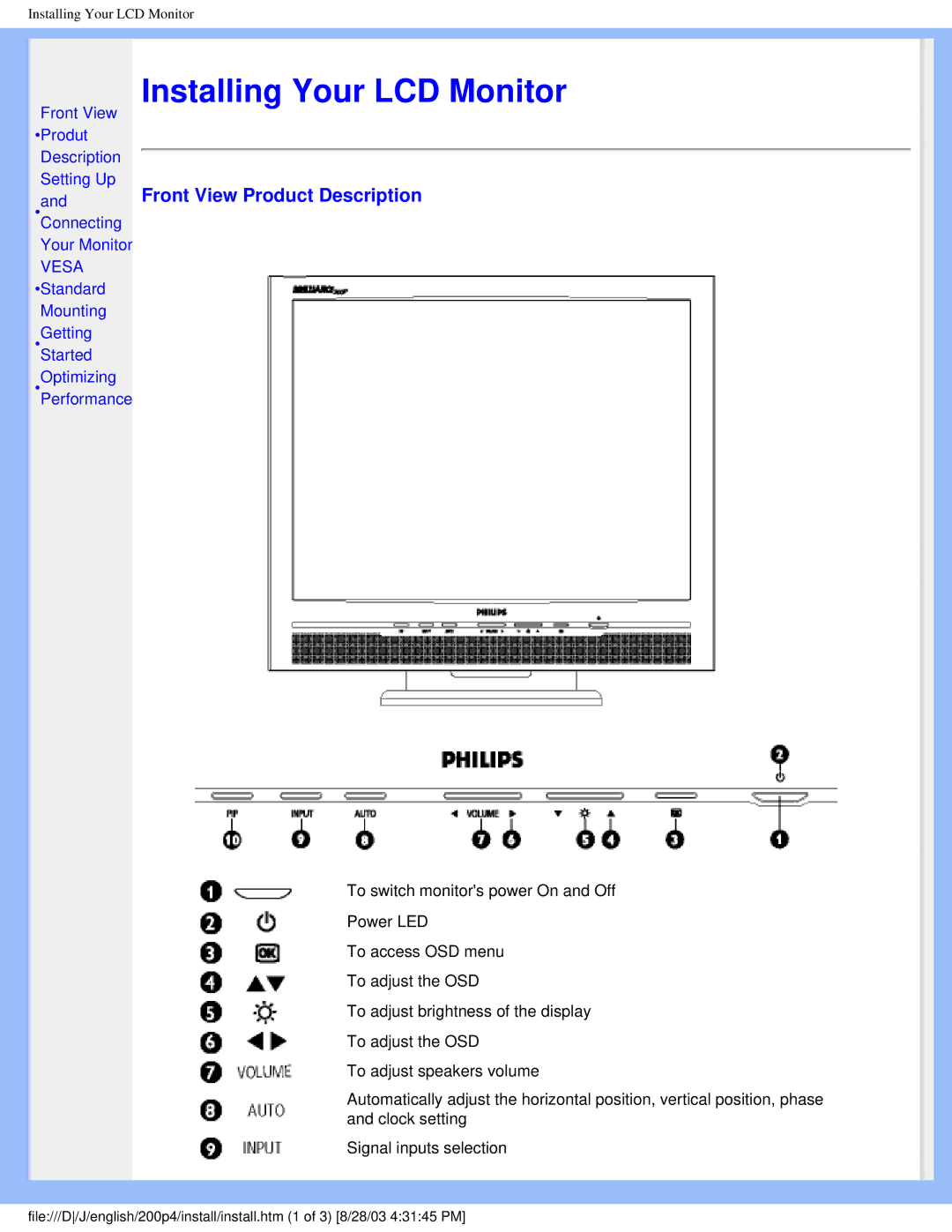 Philips 200P4 user manual Installing Your LCD Monitor, Front View Product Description 