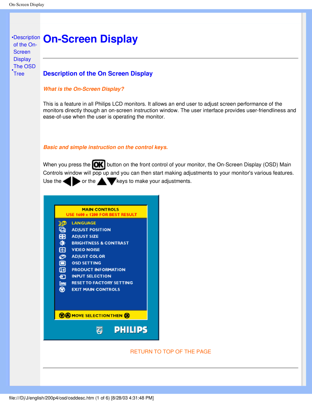 Philips 200P4 user manual On-Screen Display, Description of the On Screen Display 