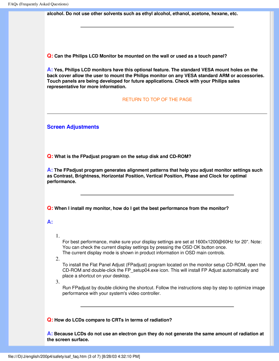 Philips 200P4 user manual Screen Adjustments 