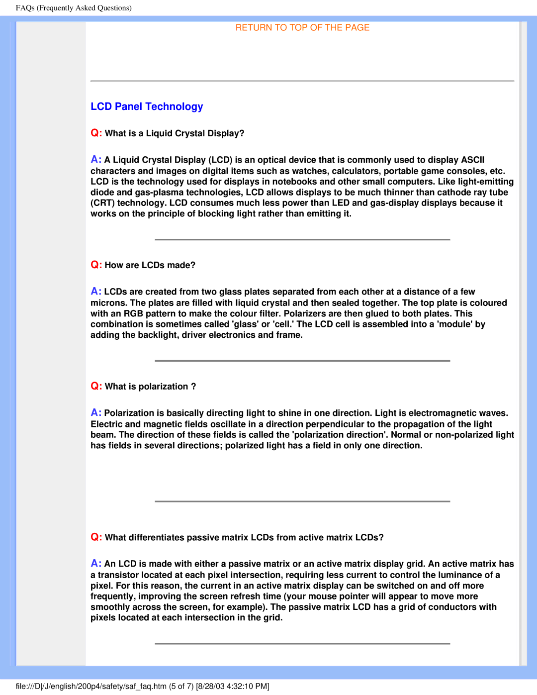 Philips 200P4 user manual LCD Panel Technology 