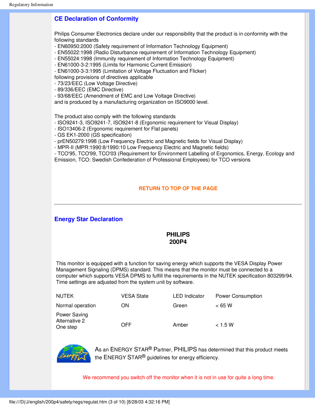 Philips 200P4 user manual CE Declaration of Conformity, Energy Star Declaration 