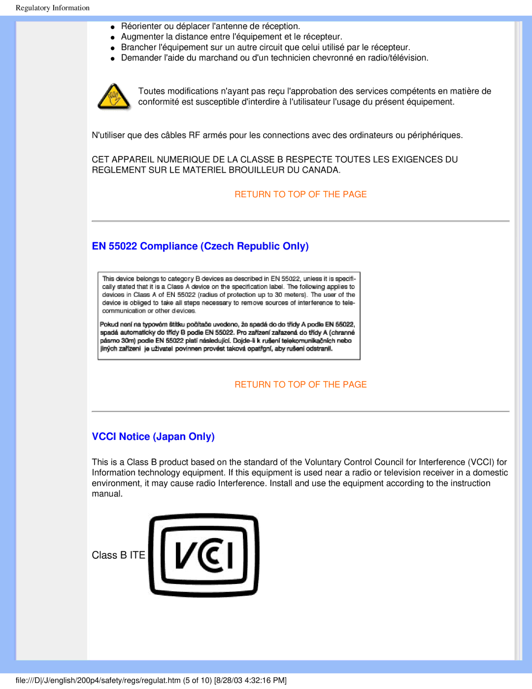 Philips 200P4 user manual EN 55022 Compliance Czech Republic Only, Vcci Notice Japan Only 