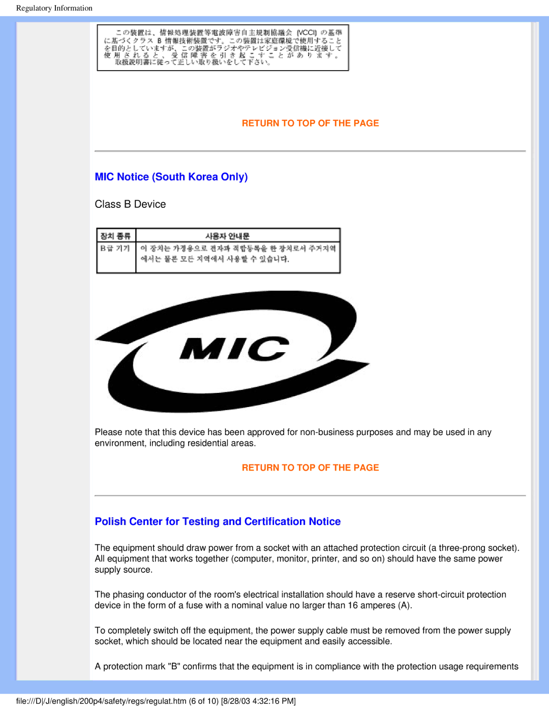 Philips 200P4 user manual MIC Notice South Korea Only, Polish Center for Testing and Certification Notice 