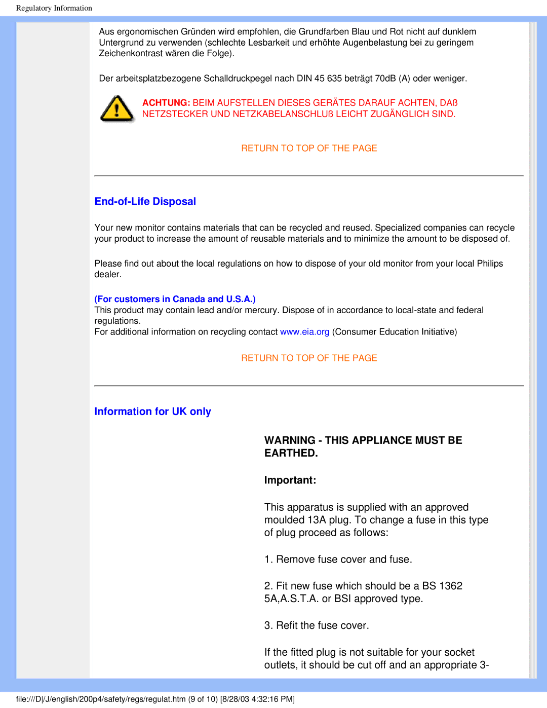 Philips 200P4 user manual End-of-Life Disposal, Information for UK only 