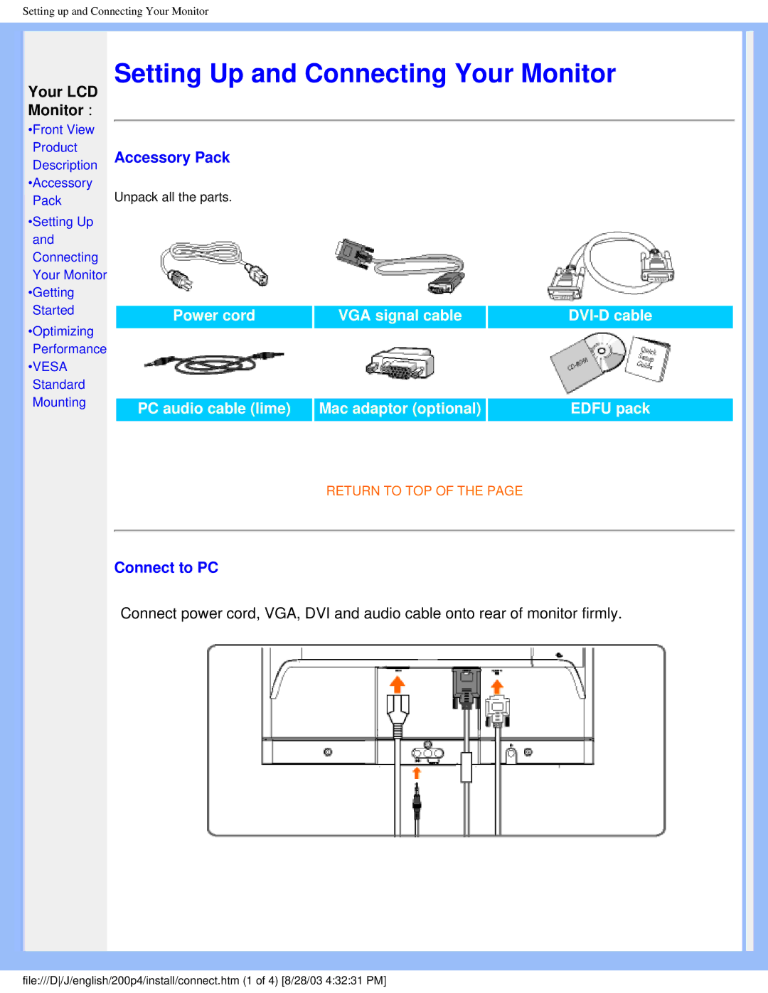 Philips 200P4 user manual Accessory Pack, Connect to PC 